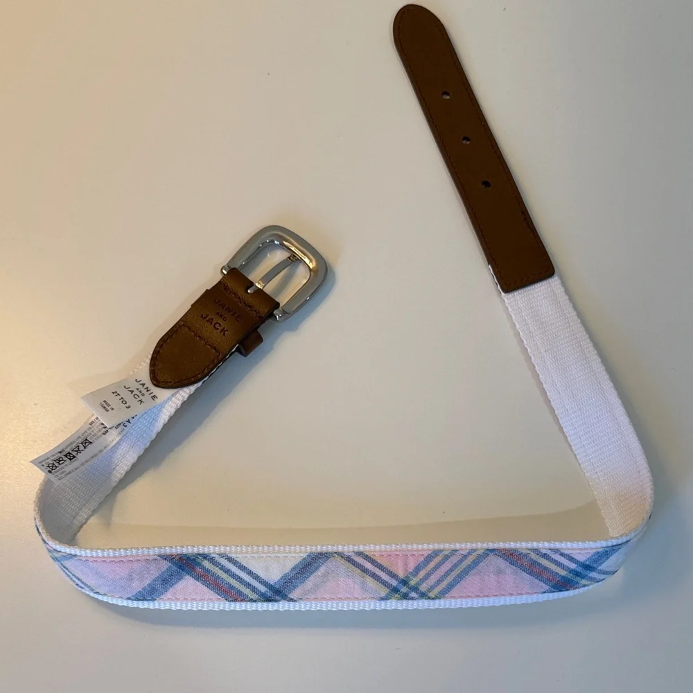 Janie and Jack Kids Belt - White Plaid Canvas Belt with Brown Leather Trim